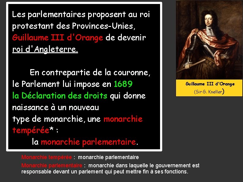 Les parlementaires proposent au roi protestant des Provinces-Unies, Guillaume III d'Orange de devenir roi Les parlementaires proposent au roi protestant des Provinces-Unies, Guillaume III d'Orange de devenir roi