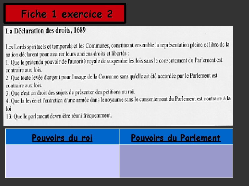 Fiche 1 exercice 2 Pouvoirs du roi Pouvoirs du Parlement Fiche 1 exercice 2 Pouvoirs du roi Pouvoirs du Parlement