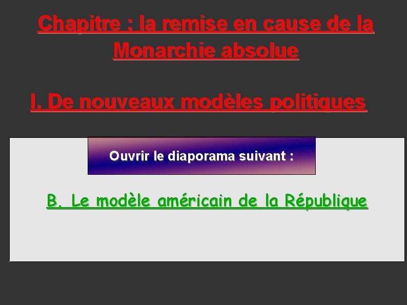 Chapitre : la remise en cause de la Monarchie absolue I. De nouveaux modèles Chapitre : la remise en cause de la Monarchie absolue I. De nouveaux modèles