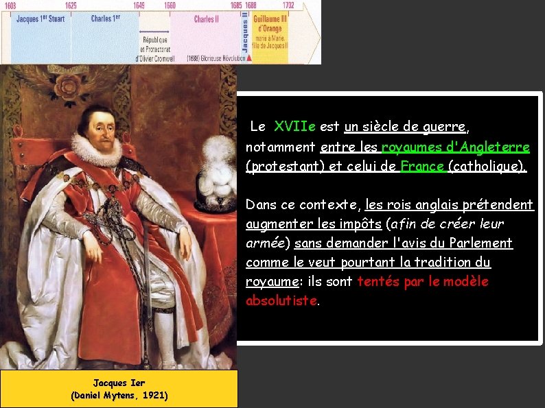 Le XVIIe est un siècle de guerre, notamment entre les royaumes d'Angleterre (protestant) et Le XVIIe est un siècle de guerre, notamment entre les royaumes d'Angleterre (protestant) et
