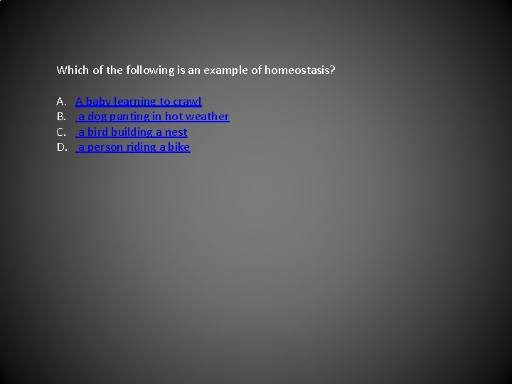 Which of the following is an example of homeostasis? A. B. C. D. A