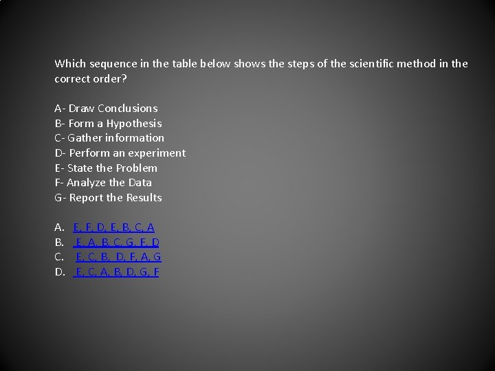Which sequence in the table below shows the steps of the scientific method in