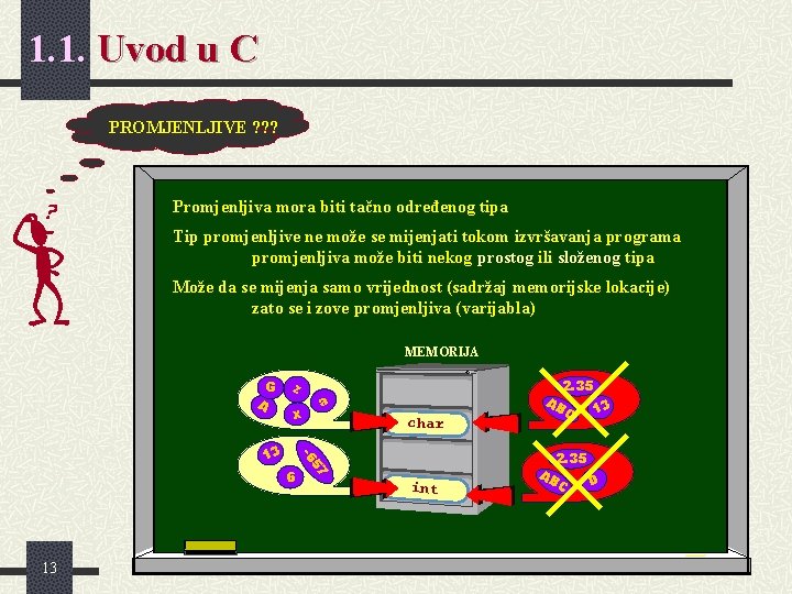 1. 1. Uvod u C PROMJENLJIVE ? ? ? Promjenljiva mora biti tačno određenog 1. 1. Uvod u C PROMJENLJIVE ? ? ? Promjenljiva mora biti tačno određenog