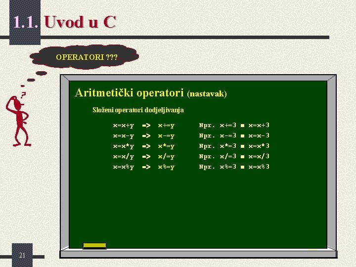 1. 1. Uvod u C OPERATORI ? ? ? Aritmetički operatori (nastavak) Složeni operatori 1. 1. Uvod u C OPERATORI ? ? ? Aritmetički operatori (nastavak) Složeni operatori