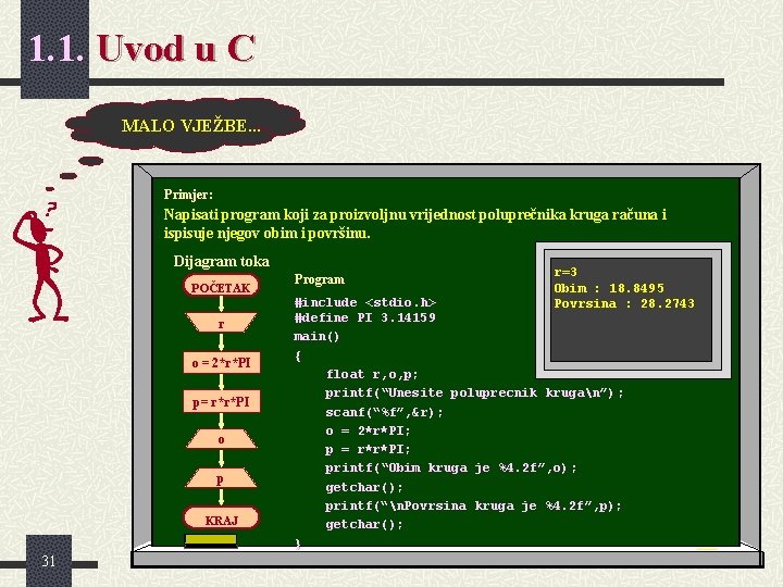 1. 1. Uvod u C MALO VJEŽBE. . . Primjer: Napisati program koji za 1. 1. Uvod u C MALO VJEŽBE. . . Primjer: Napisati program koji za