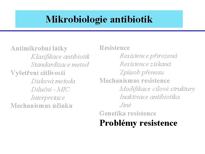 Mikrobiologie antibiotik Antimikrobní látky Klasifikace antibiotik Standardizace metod Vyšetření citlivosti Disková metoda Diluční -