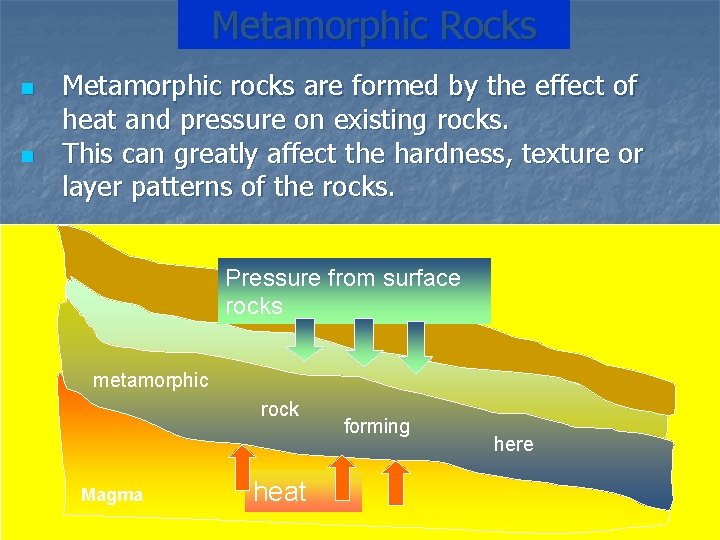 Metamorphic Rocks n n Metamorphic rocks are formed by the effect of heat and