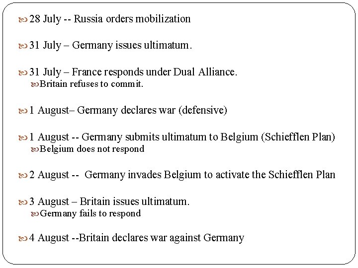 28 July -- Russia orders mobilization 31 July – Germany issues ultimatum. 31 28 July -- Russia orders mobilization 31 July – Germany issues ultimatum. 31