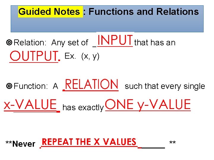 Guided Notes : Functions and Relations Relation: Any set of ____ that has an