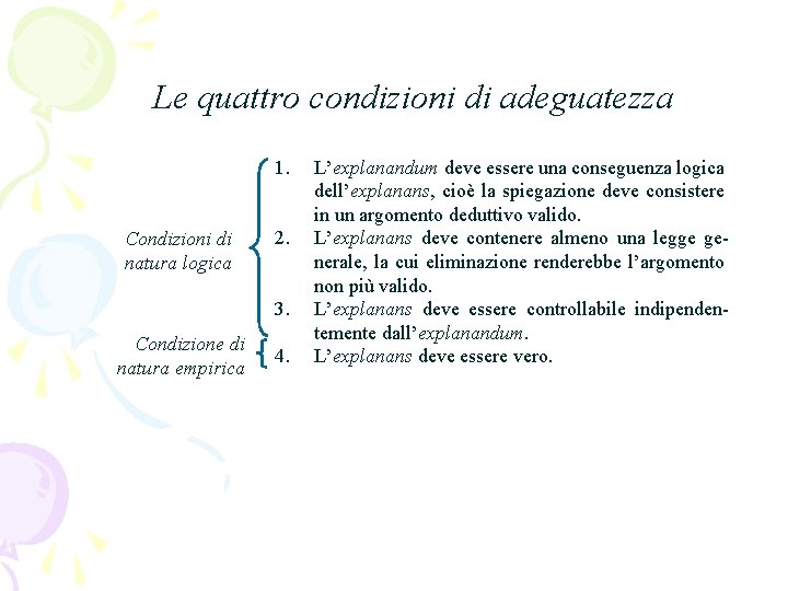 Le quattro condizioni di adeguatezza 1. Condizioni di natura logica 2. 3. Condizione di