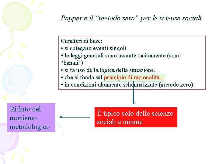 Popper e il “metodo zero” per le scienze sociali Caratteri di base: • si