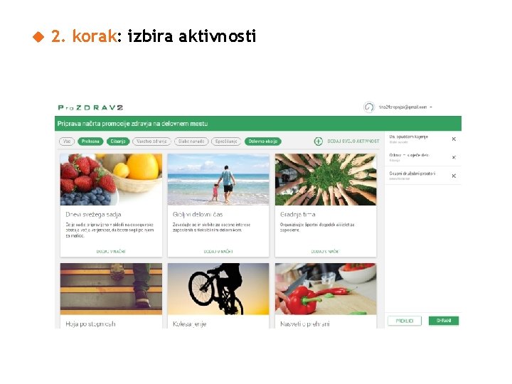  2. korak: izbira aktivnosti 