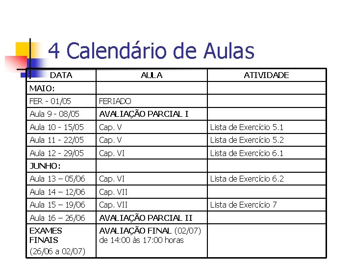 4 Calendário de Aulas DATA AULA ATIVIDADE MAIO: FER - 01/05 FERIADO Aula 9