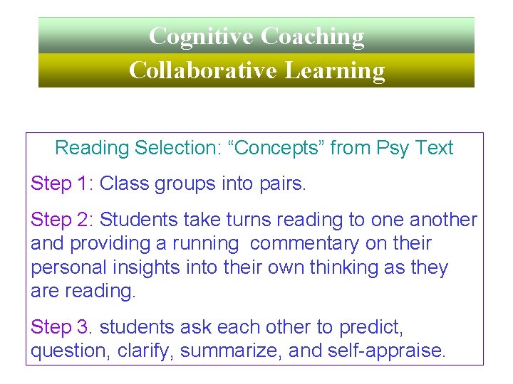 Cognitive Coaching Collaborative Learning Reading Selection: “Concepts” from Psy Text Step 1: Class groups