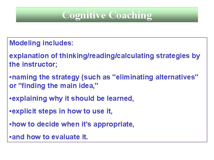 Cognitive Coaching Modeling includes: explanation of thinking/reading/calculating strategies by the instructor; • naming the