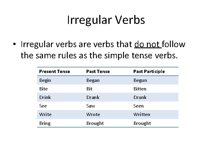Irregular Verbs • Irregular verbs are verbs that do not follow the same rules