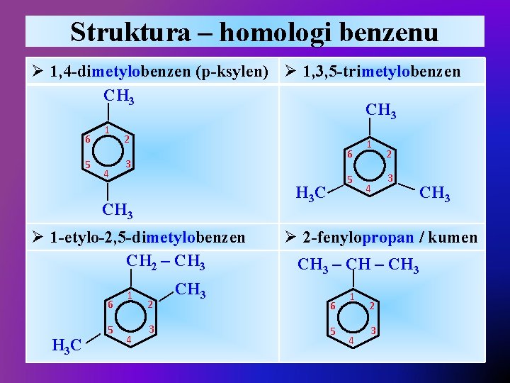 Struktura – homologi benzenu 6 5 1 4 — — Ø 1, 4 -dimetylobenzen