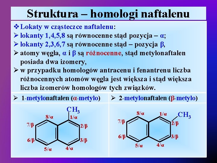 Struktura – homologi naftalenu v. Lokaty w cząsteczce naftalenu: Ø lokanty 1, 4, 5,