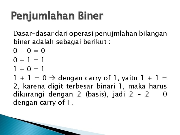 Penjumlahan Biner Dasar-dasar dari operasi penujmlahan bilangan biner adalah sebagai berikut : 0+0=0 0+1=1