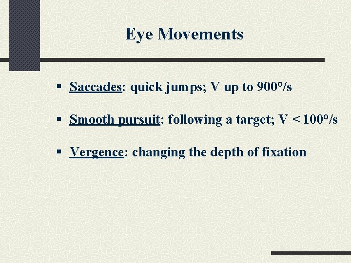 Eye Movements § Saccades: quick jumps; V up to 900°/s § Smooth pursuit: following
