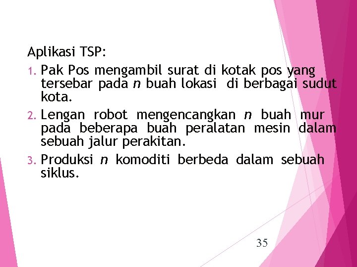 Aplikasi TSP: 1. Pak Pos mengambil surat di kotak pos yang tersebar pada n