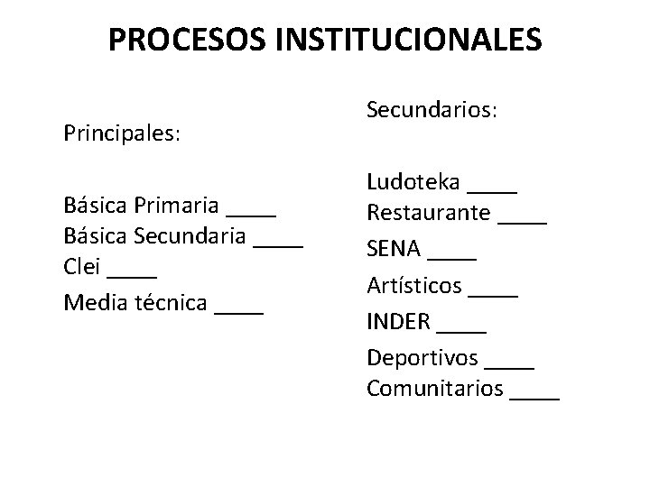 PROCESOS INSTITUCIONALES Principales: Básica Primaria ____ Básica Secundaria ____ Clei ____ Media técnica ____