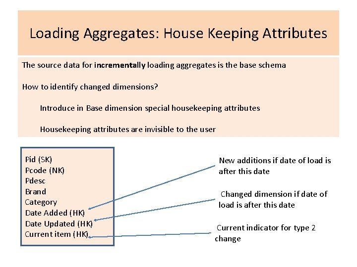 Loading Aggregates: House Keeping Attributes The source data for incrementally loading aggregates is the