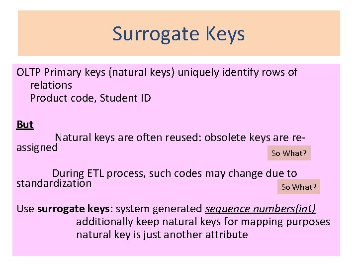 Surrogate Keys OLTP Primary keys (natural keys) uniquely identify rows of relations Product code,
