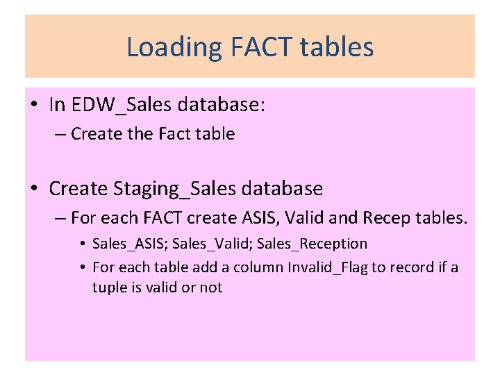 Loading FACT tables • In EDW_Sales database: – Create the Fact table • Create