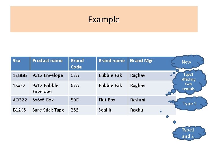 Example Sku Product name Brand Code Brand name Brand Mgr New 12 BBB 9