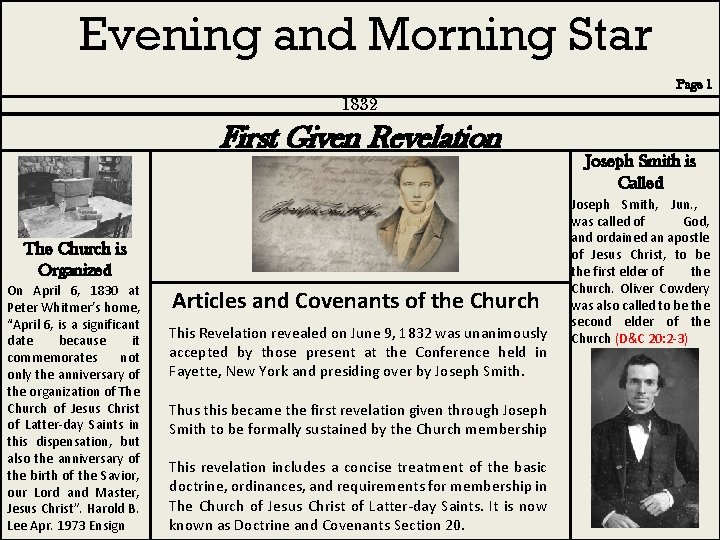Evening and Morning Star Page 1 1832 First Given Revelation The Church is Organized