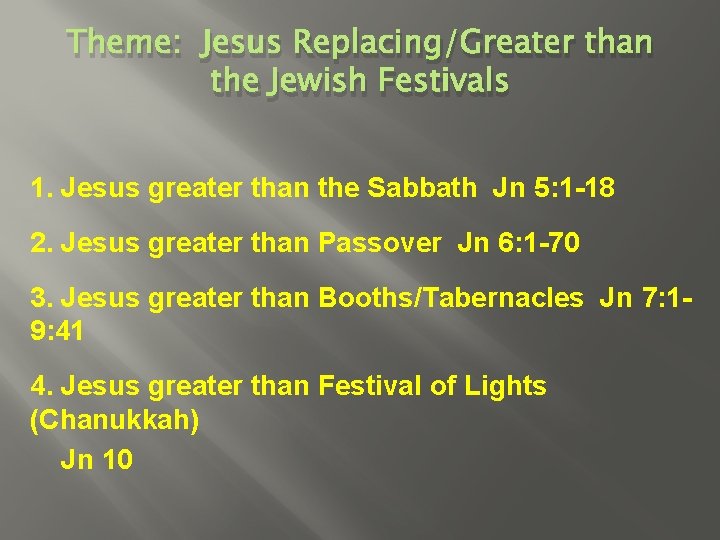 Theme: Jesus Replacing/Greater than the Jewish Festivals 1. Jesus greater than the Sabbath Jn