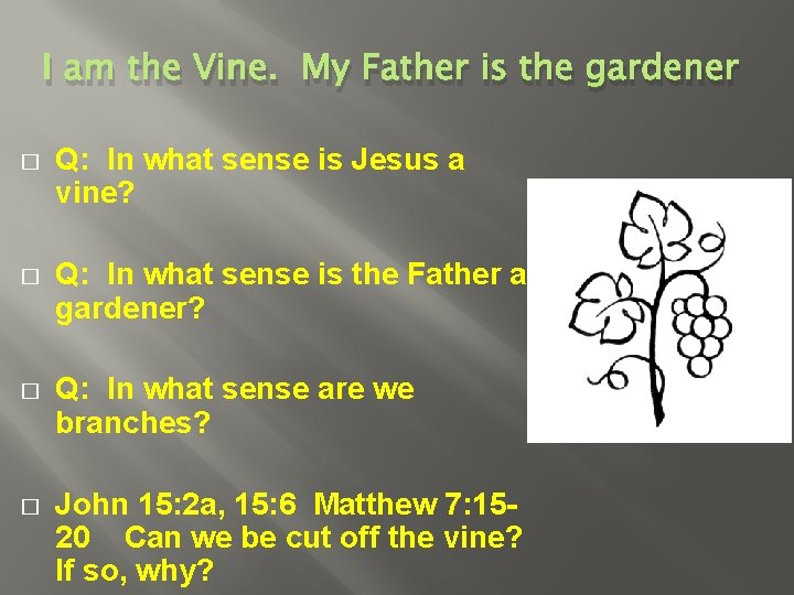 I am the Vine. My Father is the gardener � Q: In what sense