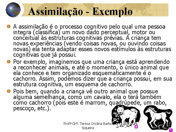 Assimilação - Exemplo A assimilação é o processo cognitivo pelo qual uma pessoa integra