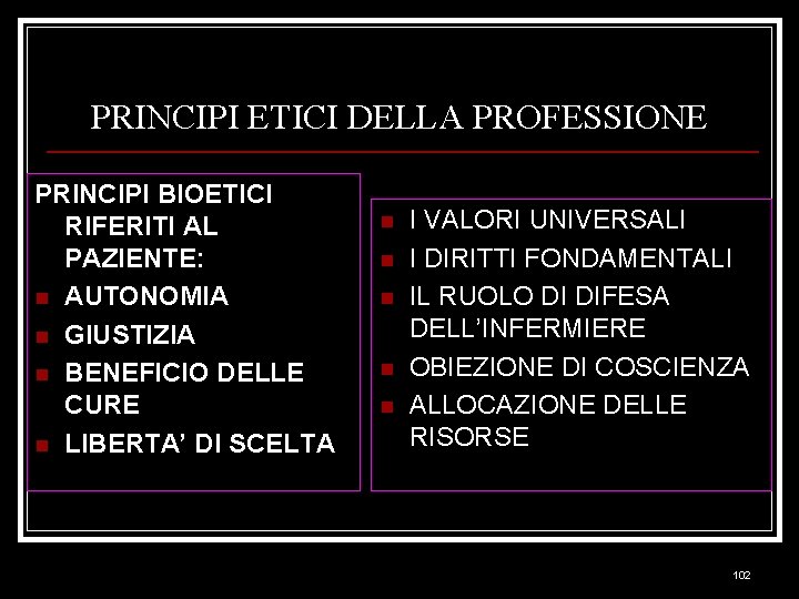 PRINCIPI ETICI DELLA PROFESSIONE PRINCIPI BIOETICI RIFERITI AL PAZIENTE: n AUTONOMIA n GIUSTIZIA n