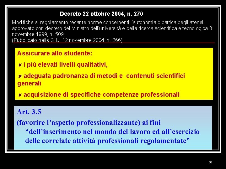 Decreto 22 ottobre 2004, n. 270 Modifiche al regolamento recante norme concernenti l’autonomia didattica