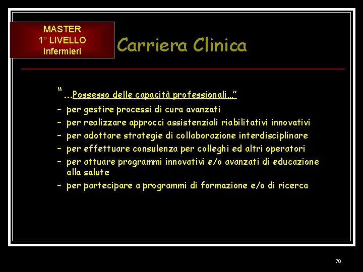 MASTER 1° LIVELLO Infermieri Carriera Clinica “…Possesso delle capacità professionali…” – – – per