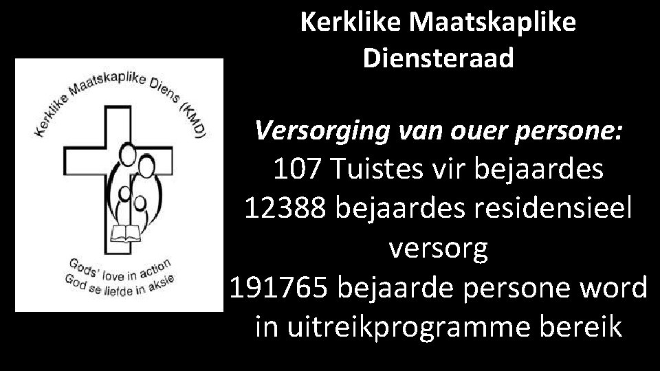 Kerklike Maatskaplike Diensteraad Versorging van ouer persone: 107 Tuistes vir bejaardes 12388 bejaardes residensieel