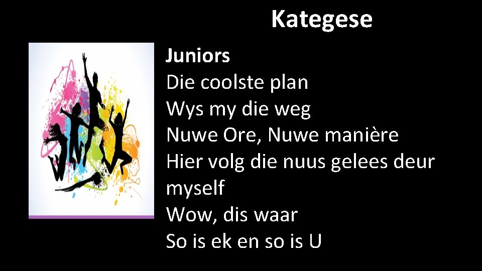 Kategese Juniors Die coolste plan Wys my die weg Nuwe Ore, Nuwe manière Hier