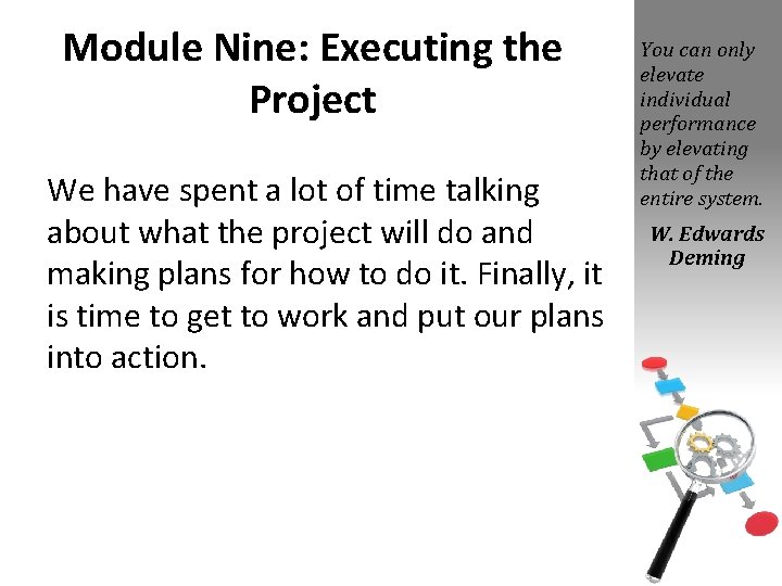 Module Nine: Executing the Project We have spent a lot of time talking about