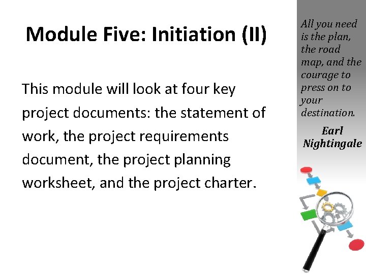 Module Five: Initiation (II) This module will look at four key project documents: the