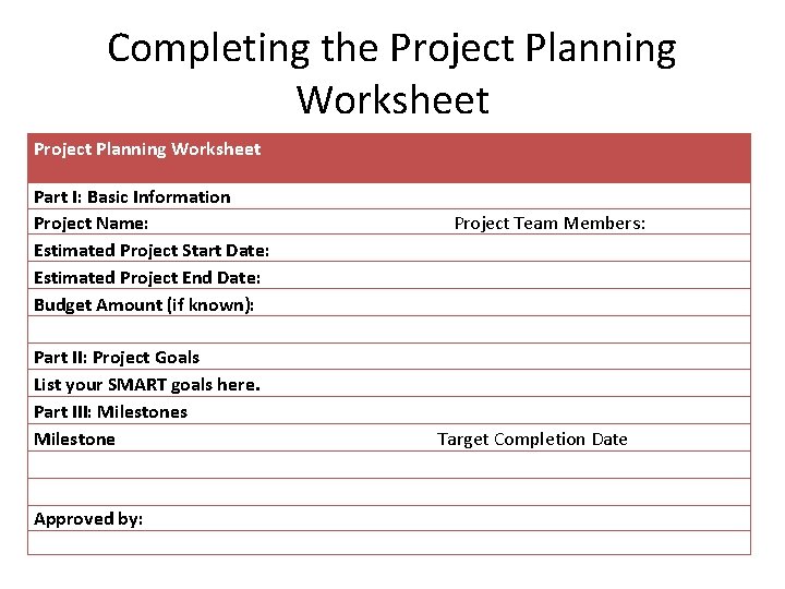 Completing the Project Planning Worksheet Part I: Basic Information Project Name: Estimated Project Start