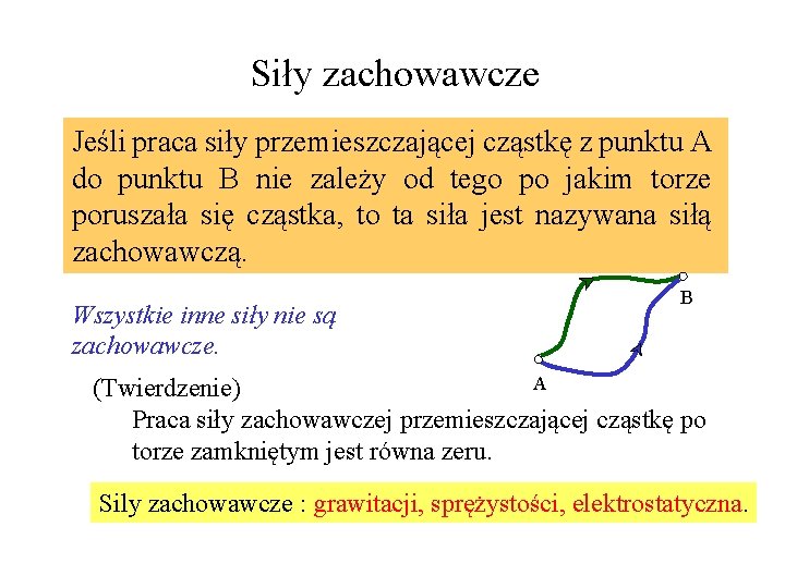 Siły zachowawcze Jeśli praca siły przemieszczającej cząstkę z punktu A do punktu B nie