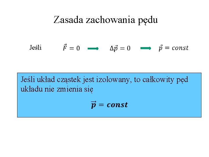 Zasada zachowania pędu Jeśli układ cząstek jest izolowany, to całkowity pęd układu nie zmienia