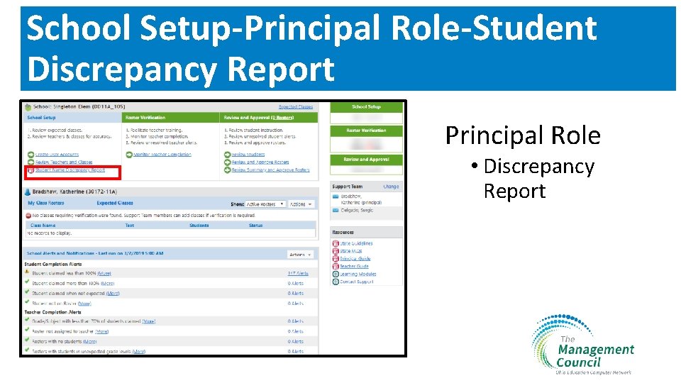 School Setup-Principal Role-Student Discrepancy Report Principal Role • Discrepancy Report 