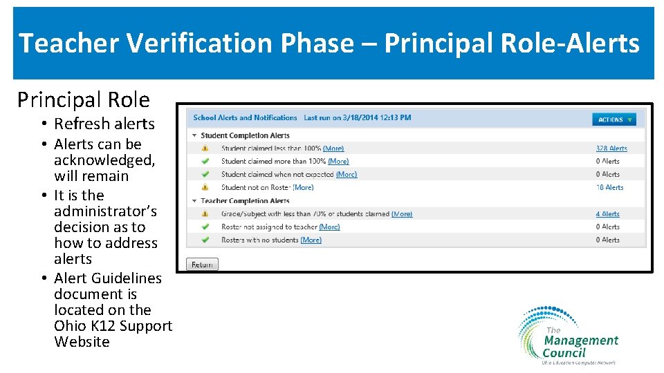 Teacher Verification Phase – Principal Role-Alerts Principal Role • Refresh alerts • Alerts can