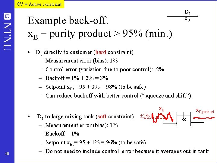 CV = Active constraint Example back-off. x. B = purity product > 95% (min.