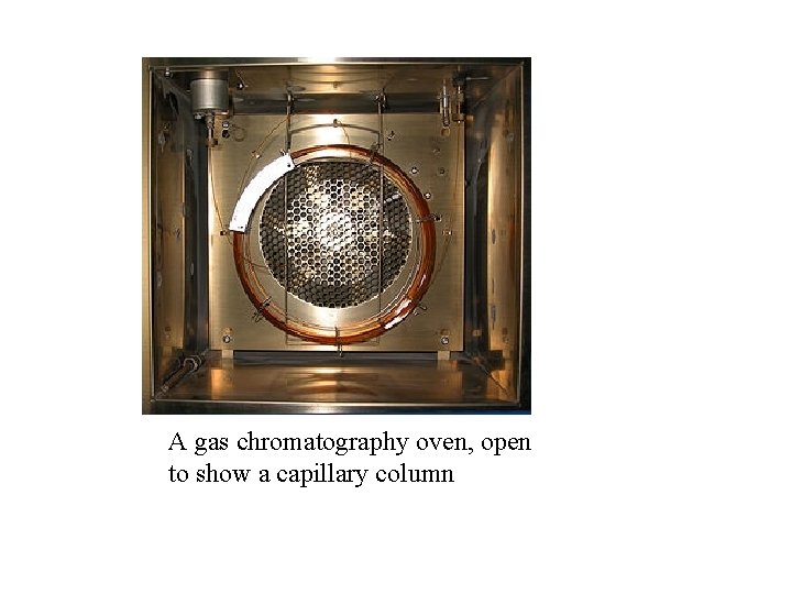 A gas chromatography oven, open to show a capillary column 