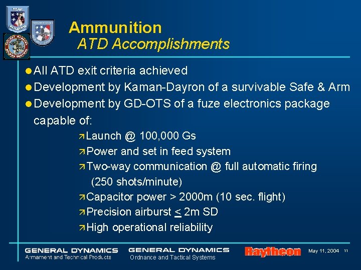 Ammunition ATD Accomplishments l All ATD exit criteria achieved l Development by Kaman-Dayron of