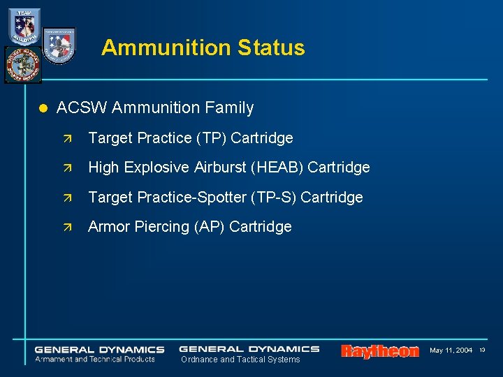 Ammunition Status l ACSW Ammunition Family ä Target Practice (TP) Cartridge ä High Explosive